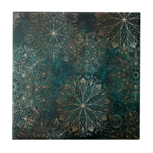 Elegant Gold and Teal Green Floral Mandala Pattern Ceramic Tile