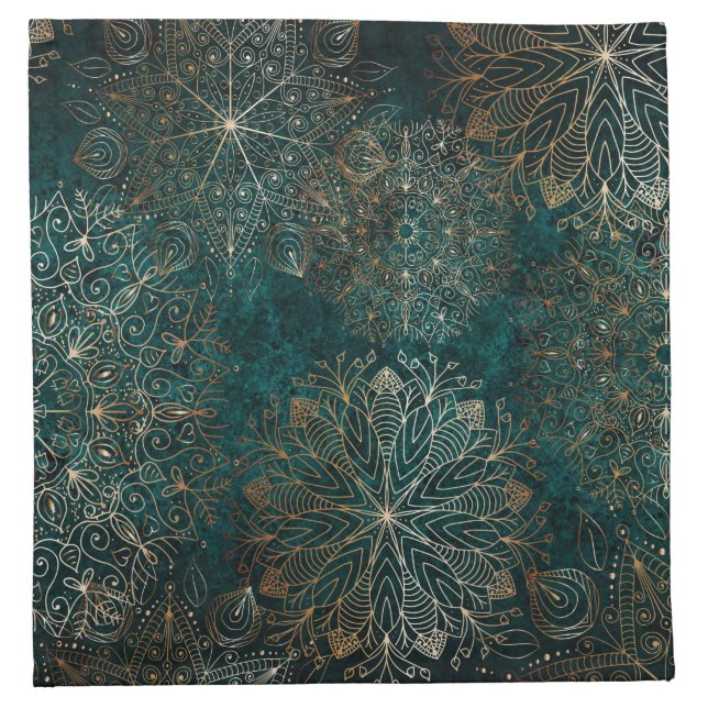 Elegant Gold and Teal Green Floral Mandala Pattern Cloth Napkin (Front)