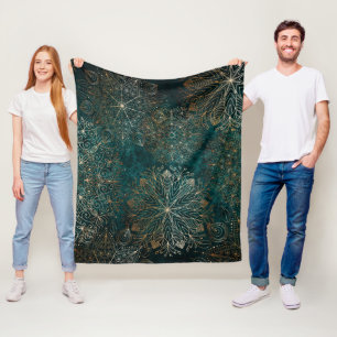 Elegant Gold and Teal Green Floral Mandala Pattern Fleece Blanket