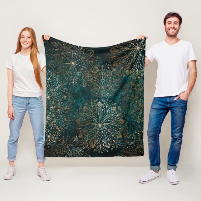Elegant Gold and Teal Green Floral Mandala Pattern Fleece Blanket (In Situ)