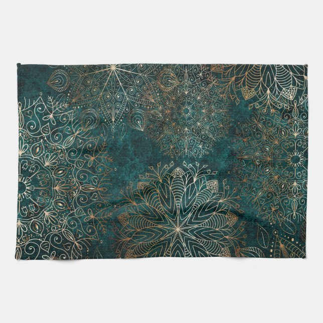 Elegant Gold and Teal Green Floral Mandala Pattern Kitchen Towel (Horizontal)