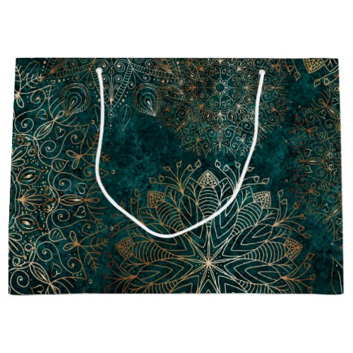 Elegant Gold and Teal Green Floral Mandala Pattern Large Gift Bag