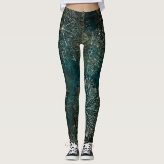 Elegant Gold and Teal Green Floral Mandala Pattern Leggings