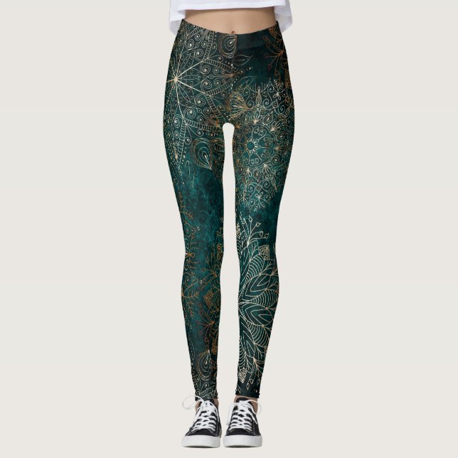 Elegant Gold and Teal Green Floral Mandala Pattern Leggings (Front)