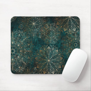 Elegant Gold and Teal Green Floral Mandala Pattern Mouse Pad
