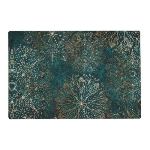 Elegant Gold and Teal Green Floral Mandala Pattern Placemat