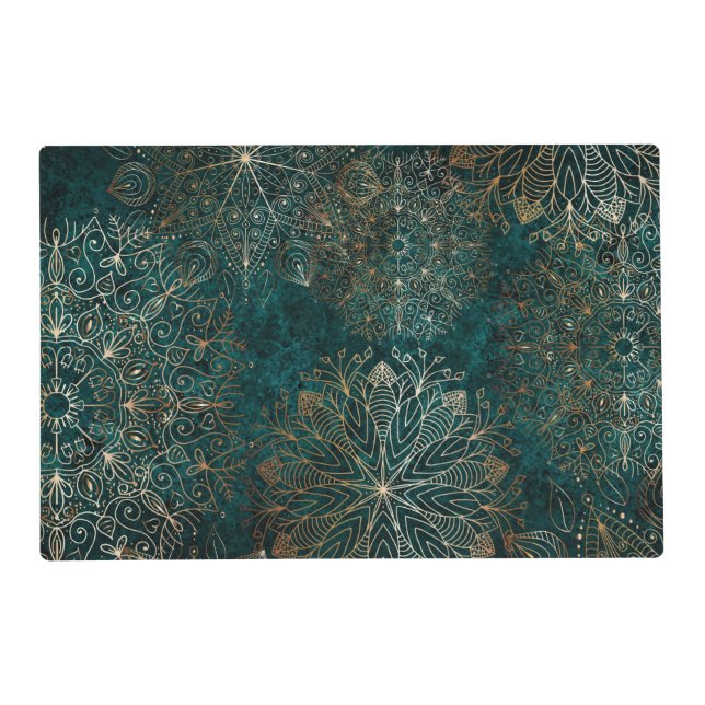 Elegant Gold and Teal Green Floral Mandala Pattern Placemat (Front)