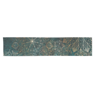 Elegant Gold and Teal Green Floral Mandala Pattern Short Table Runner
