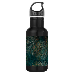 Elegant Gold and Teal Green Floral Mandala Pattern Stainless Steel Water Bottle