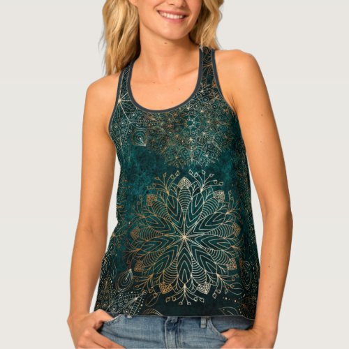 Elegant Gold and Teal Green Floral Mandala Pattern Tank Top