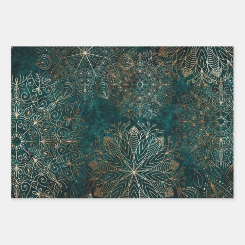 Elegant Gold and Teal Green Floral Mandala Pattern Wrapping Paper Sheets