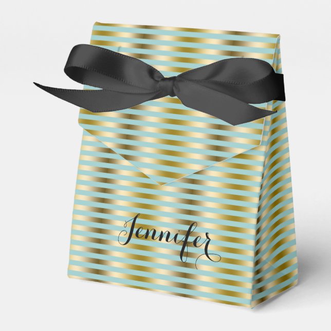 Elegant Gold And Teal-Green Stripes Pattern Favor Boxes (Front Side)