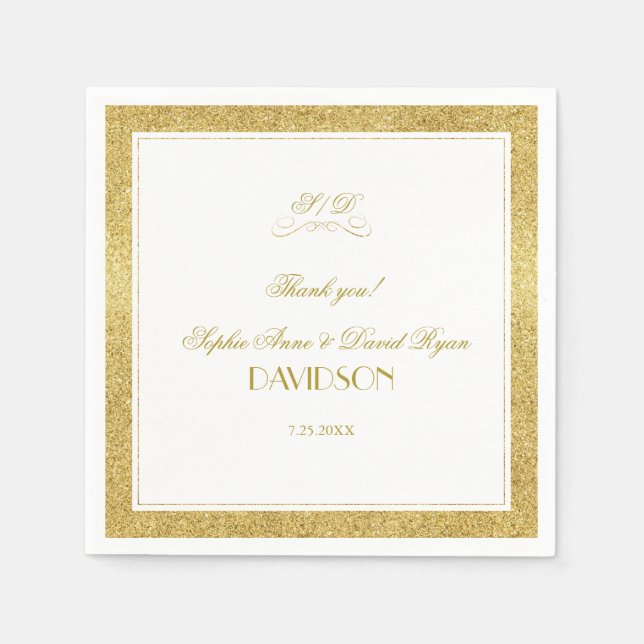 Elegant Gold and White Border Evening Wedding Napkins (Front)