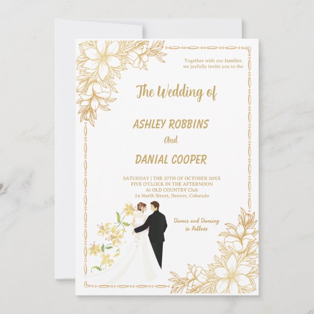 Elegant gold and white Border floral Wedding  Invitation (Front)