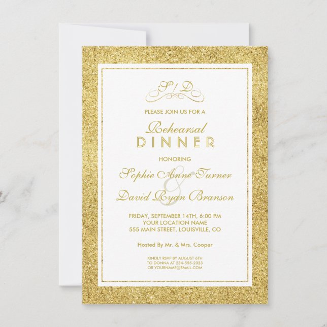 Elegant Gold and White Border REHEARSAL DINNER Invitation (Front)