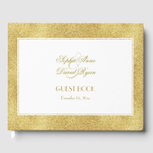 Elegant Gold and White Border Wedding Guest Book (Front)