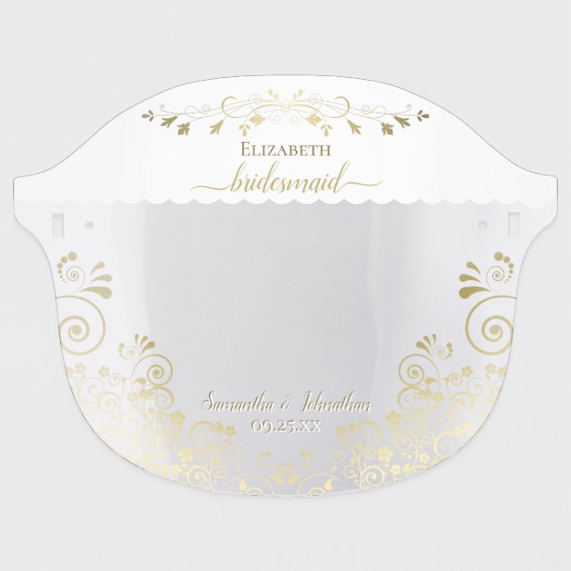 Elegant Gold and White Bridesmaid Wedding Face Shield (Front)
