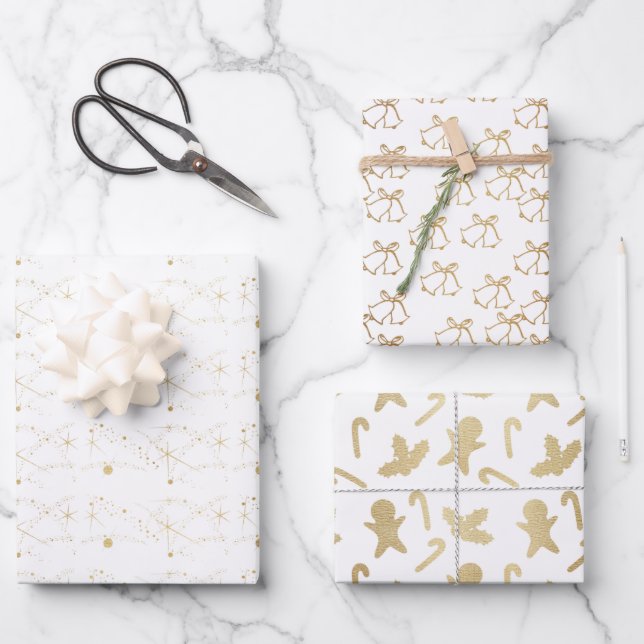 Elegant Gold and White Christmas Wrapping Paper Sheets (Front)