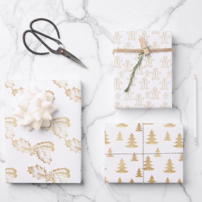 Elegant Gold and White Christmas Wrapping Paper Sheets (Front)