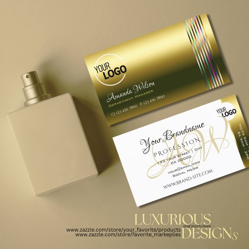 Elegant Gold and White Colorful Stripes with Logo Business Card