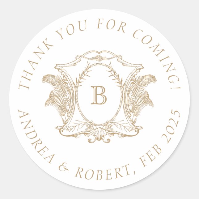 Elegant Gold and White Crest Monogram Classic Round Sticker (Front)