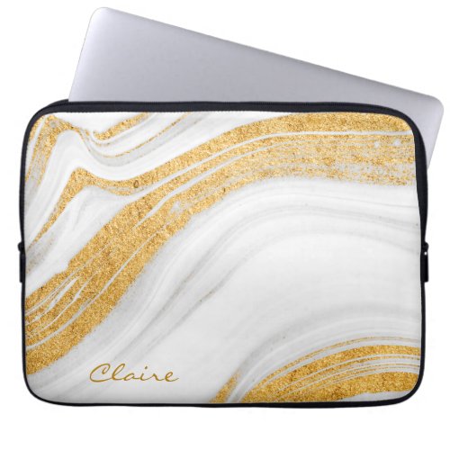 Elegant Gold and White Custom Name Personalized Laptop Sleeve