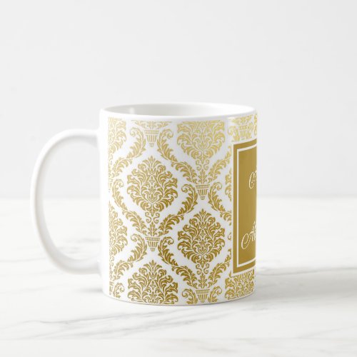 Elegant Gold and White Damask Personalized  Coffee Mug
