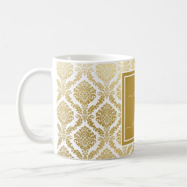 Elegant Gold and White Damask Personalized  Coffee Mug (Left)