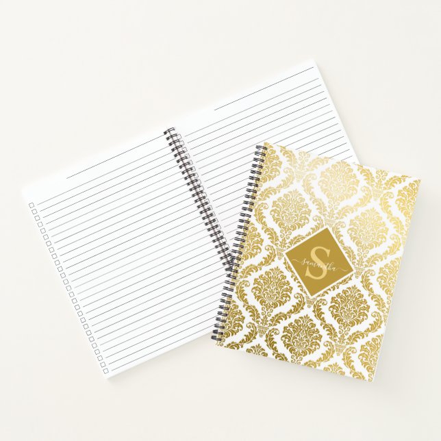 Elegant Gold and White Damask Print Personalized  Notebook (Inside)