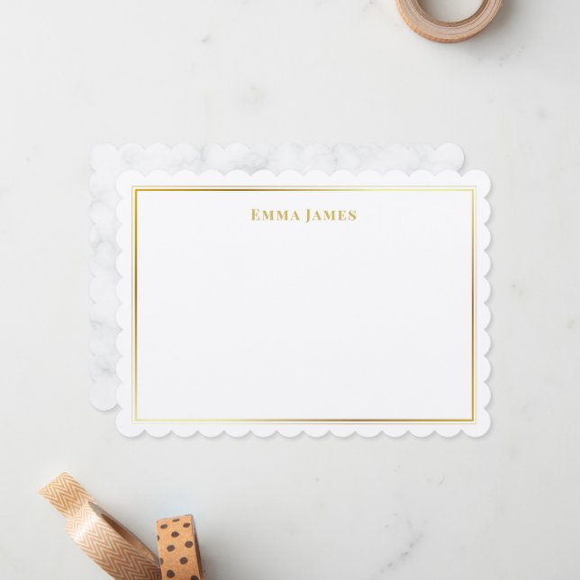 Elegant Gold and White Double Borders Personalized Note Card (Front/Back In Situ)