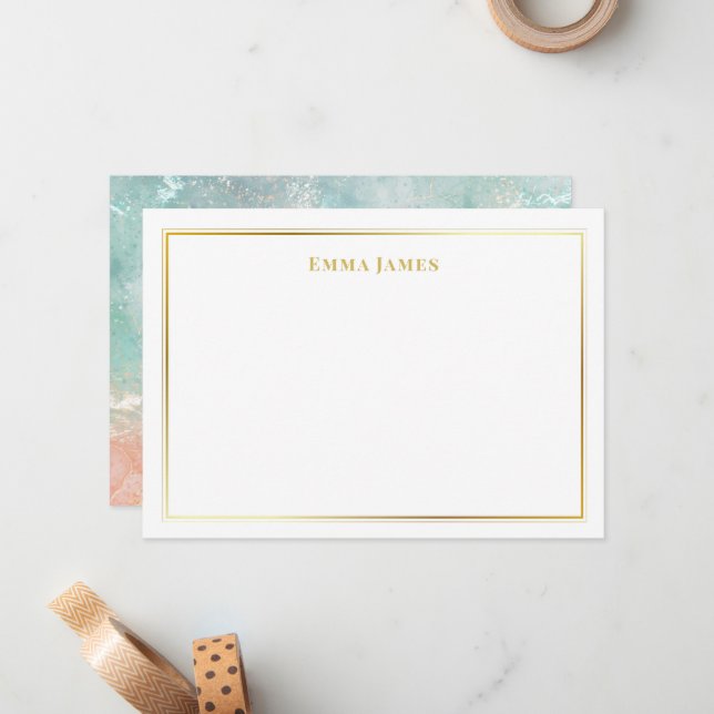 Elegant Gold and White Double Borders Personalized Note Card (Front/Back In Situ)