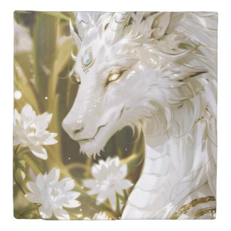 Elegant Gold and White Fantasy Dragon Queen Duvet Cover
