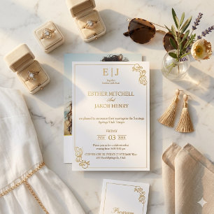 Elegant Gold and White Flourish Monogram Wedding Foil Invitation