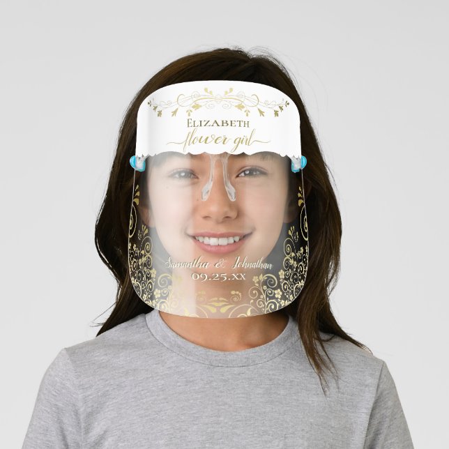 Elegant Gold and White Flower Girl Wedding Face Shield (Insitu)