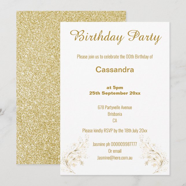ELEGANT GOLD AND WHITE GLITTER  BIRTHDAY INVITATION (Front/Back)