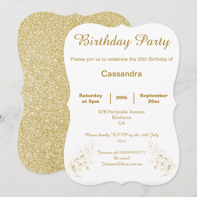 ELEGANT GOLD AND WHITE GLITTER CUSTOM BIRTHDAY INVITATION (Front/Back)