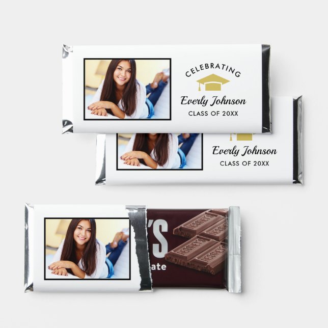 Elegant Gold and White Graduation Photo Hershey Bar Favors (Front)