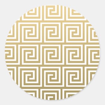 Elegant Gold And White Greek Key Pattern Classic Round Sticker by GraphicsByMimi at Zazzle