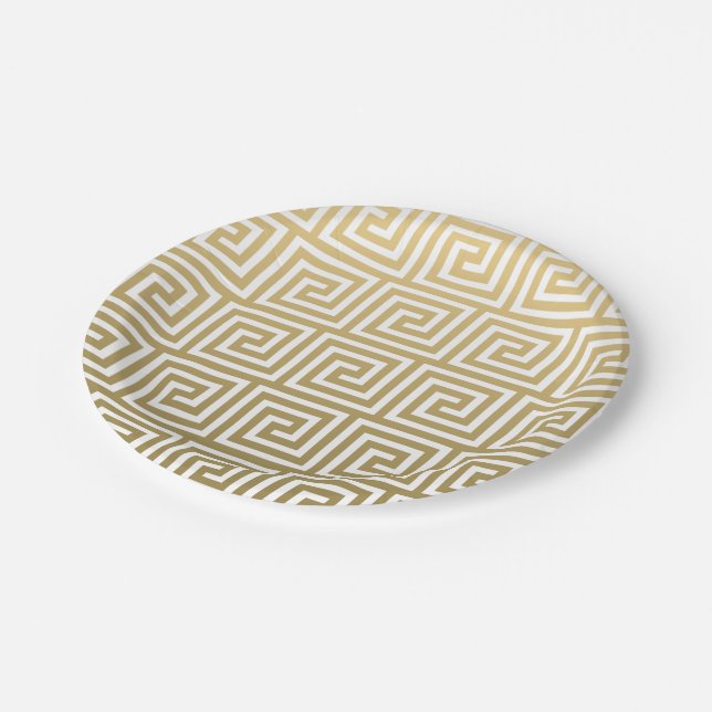 Elegant Gold and White Greek Key Pattern Paper Plates (Angled)