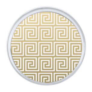 Elegant Gold and White Greek Key Pattern Silver Finish Lapel Pin