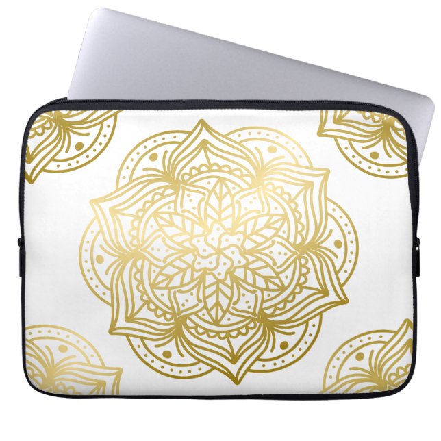 Elegant Gold and White Mandala Pattern Laptop Sleeve (Front)