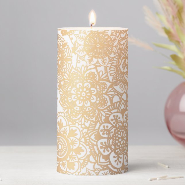 Elegant Gold and White Mandala Pattern Pillar Candle (In Situ)