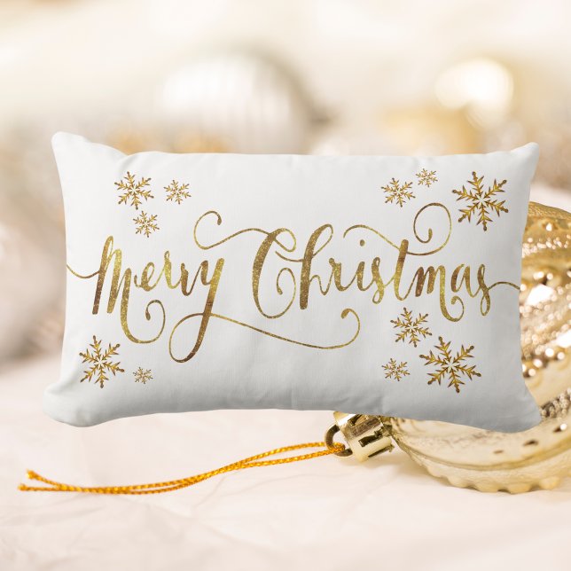 Elegant Gold and White Merry Christmas Lumbar Pillow (Elegant Gold and White, Merry Christmas Lumbar Pillow)