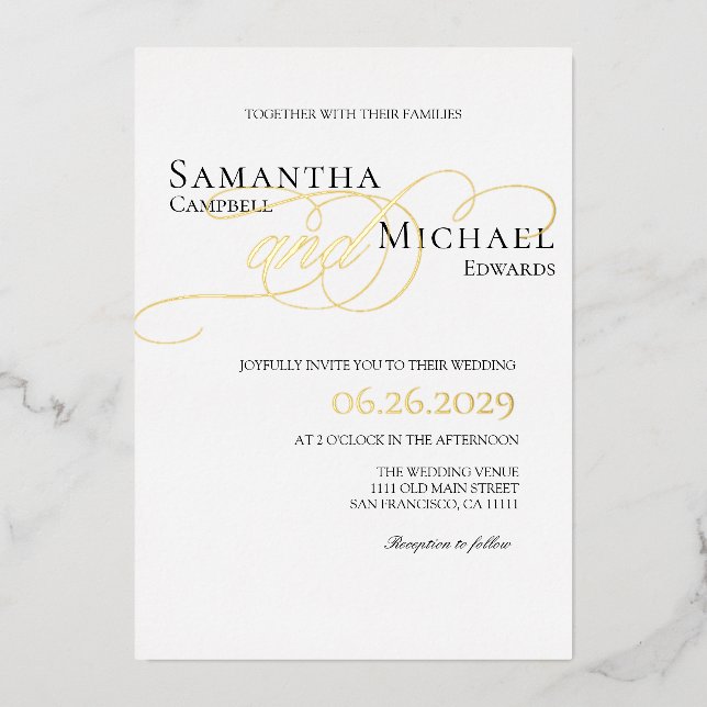 Elegant Gold and White Modern Wedding Foil Invitation (Front)