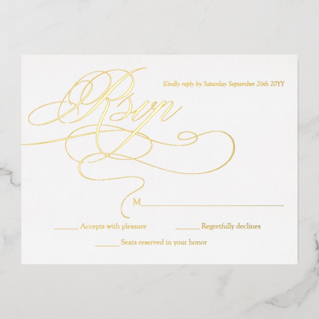 Elegant Gold and White Modern Wedding RSVP Cards (Front)