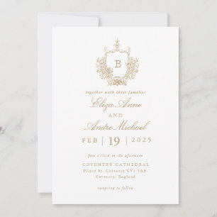 Elegant Gold and White Monogram Crest Wedding Invitation