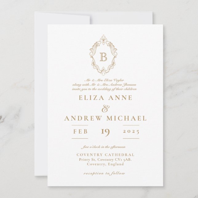 Elegant Gold and White Monogram Crest Wedding Invitation (Front)