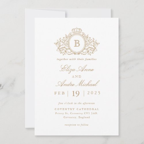 Elegant Gold and White Monogram Crest Wedding  Invitation