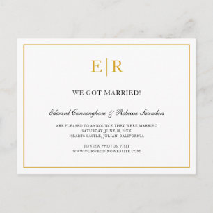 Elegant Gold and White Monogram Formal Wedding Announcement Postcard