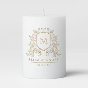 Elegant Gold and White Monogram Wedding Pillar Candle